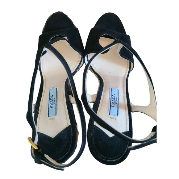 Prada Black Suede & Leopard-Print Calf Hair Wedge Platform Sandals Size 35 US 5 - Picture 6 of 8